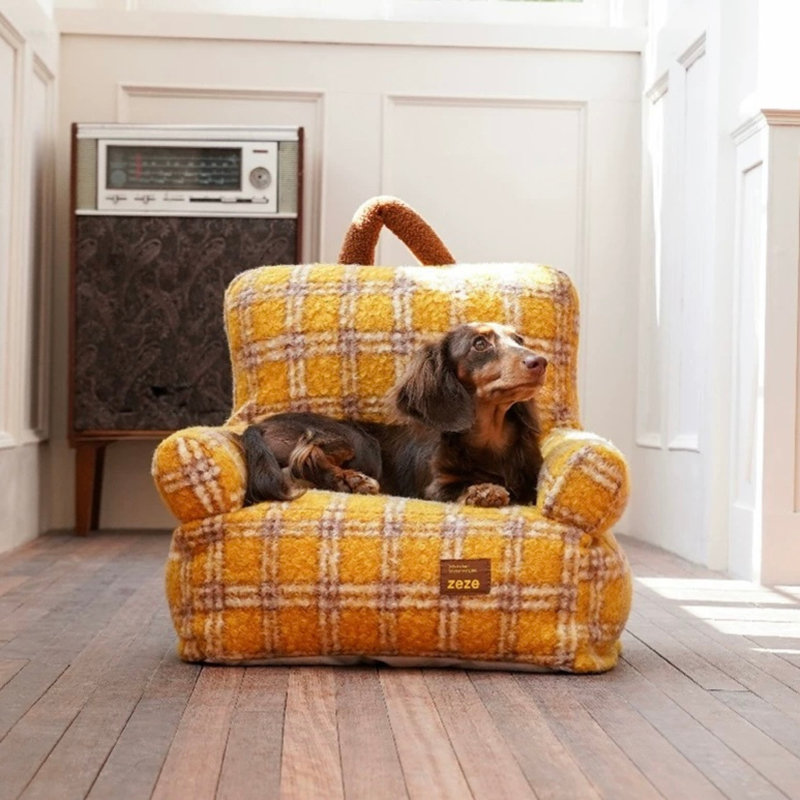 zeze Vintage Furniture Style Sofa Dog Bed (Plaid)-Yellow Small